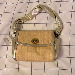 coach gold parker straw purse